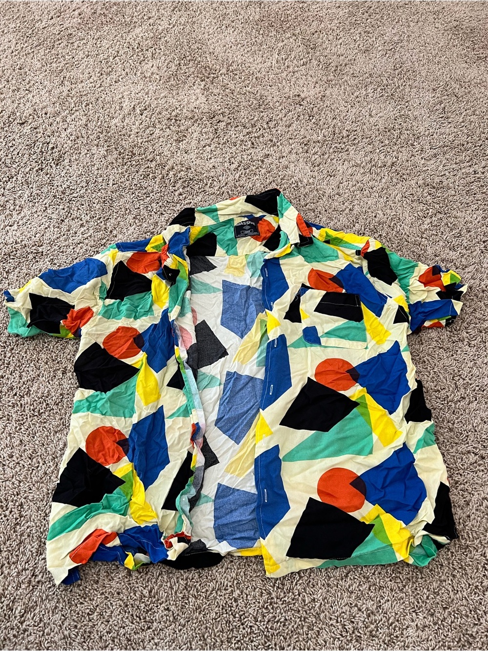 Color-Block Geometric Short Sleeve Button-Up Shirt
